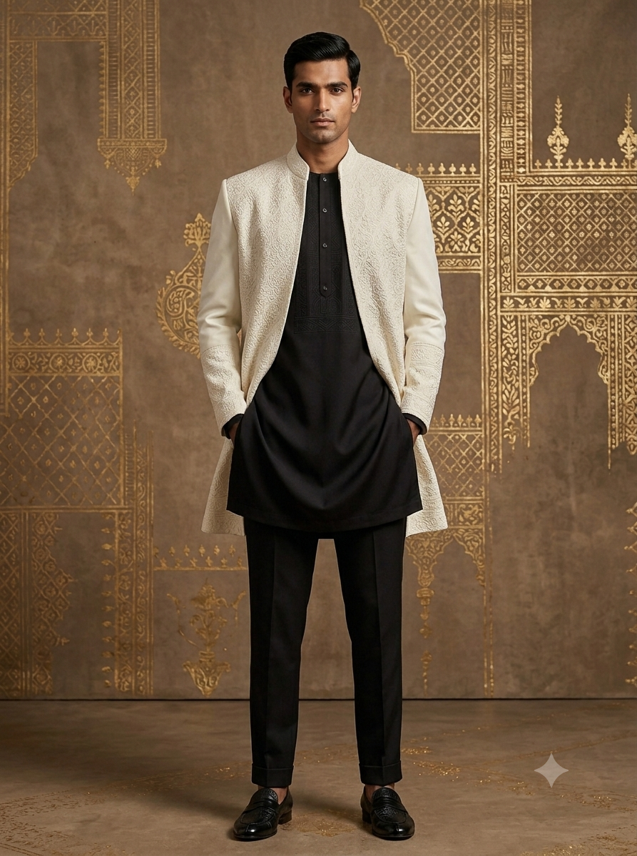 The Imperial Ivory & Onyx Layered Indo-Western Set