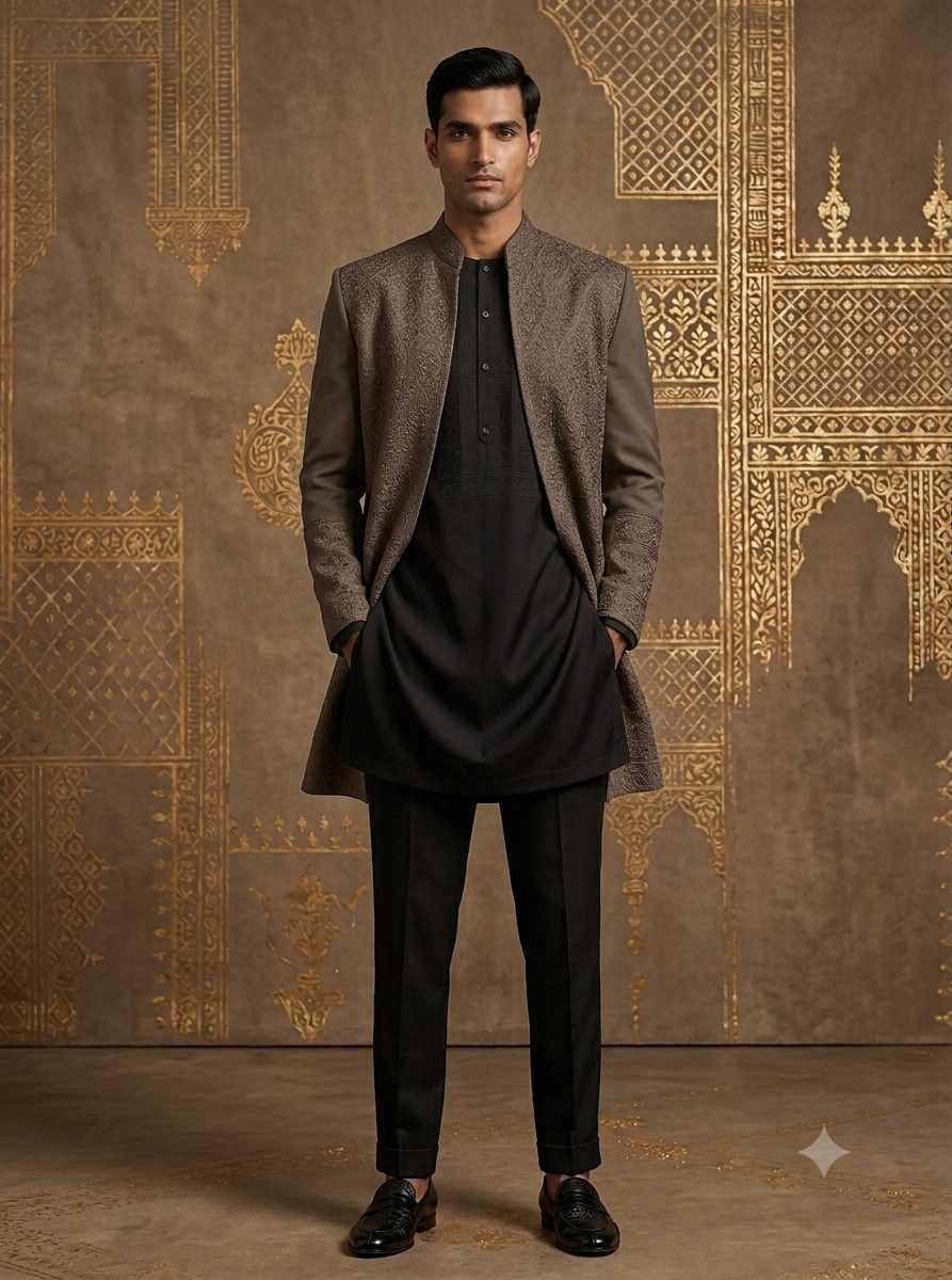 The Taupe Textured Open-Front Indo-Western & Onyx Kurta Set