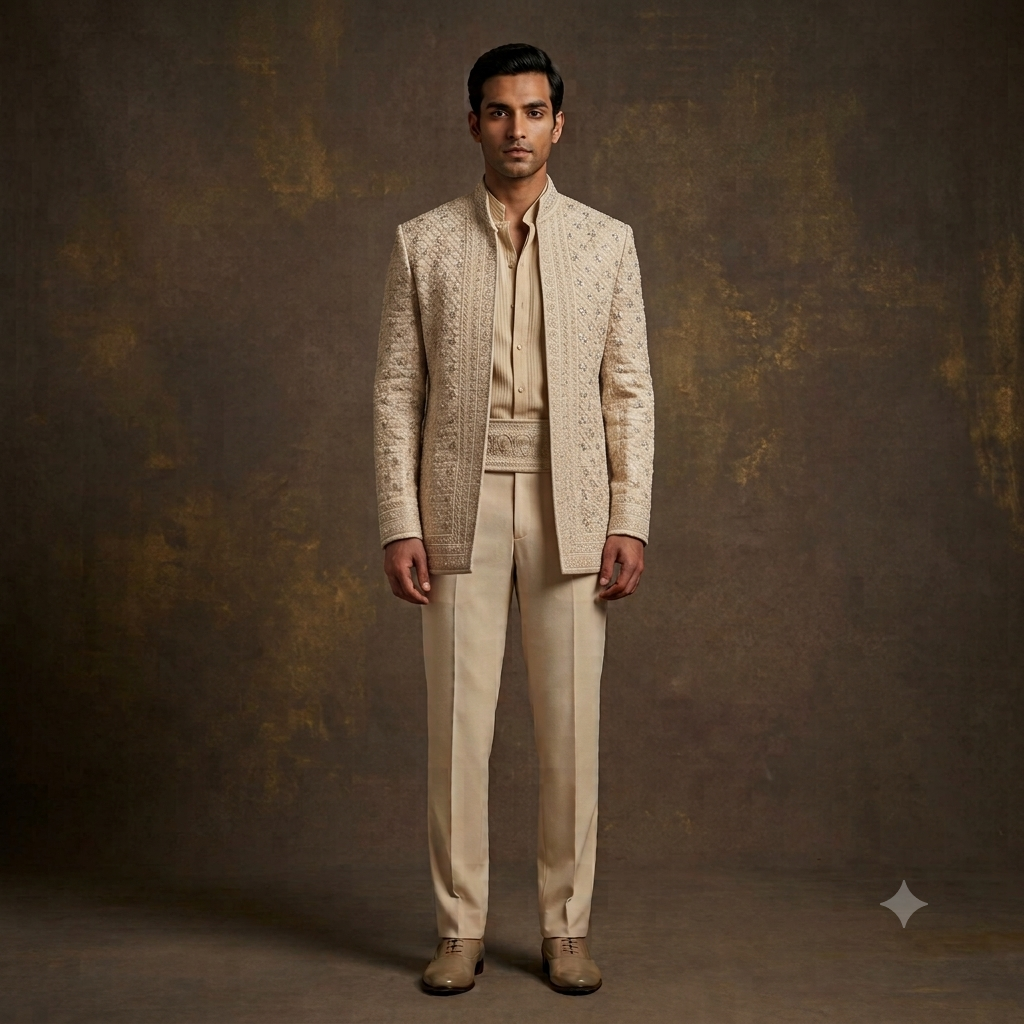 The Ivory All-Over Sequined Hand-Embroidered Open Jodhpuri Set