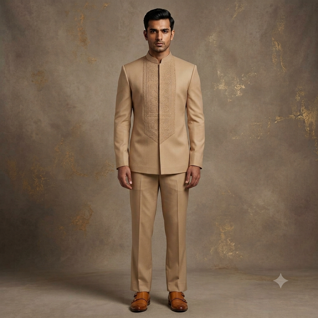 The Beige Embroidered Yoke Jodhpuri Suit