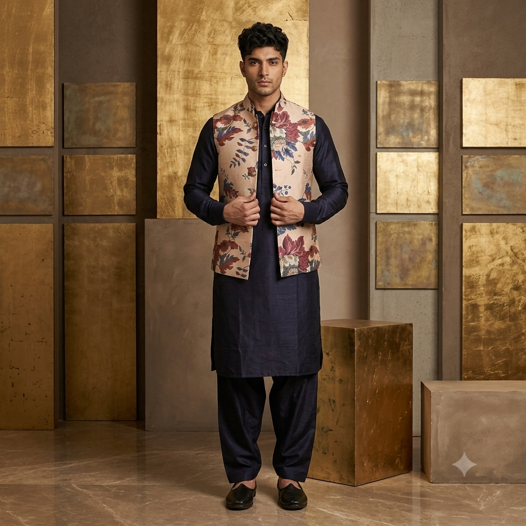 Midnight Navy Raw Silk Pathani Suit with Floral-Printed Jodhpuri Jacket