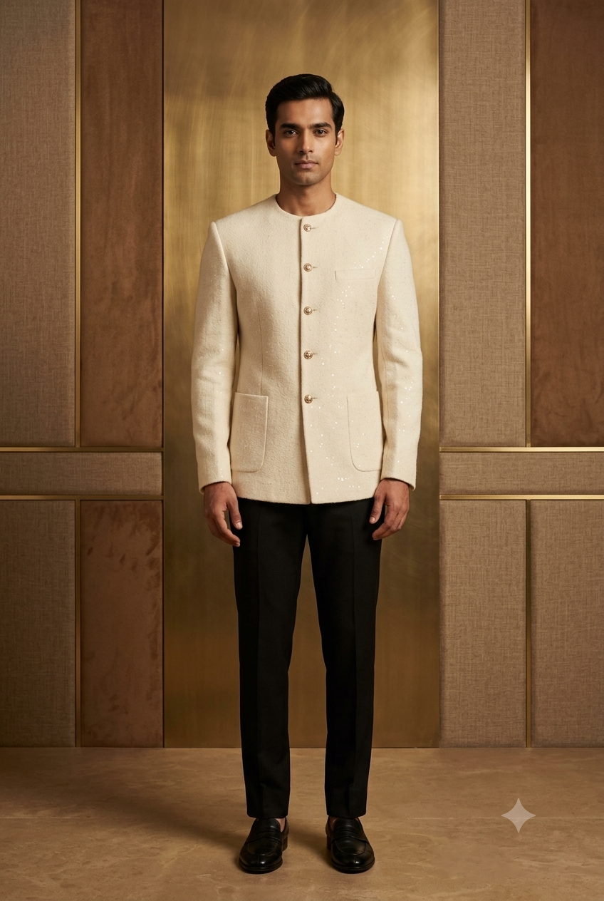 The Ivory Cashmere Sequined Jodhpuri Suit Jacket
