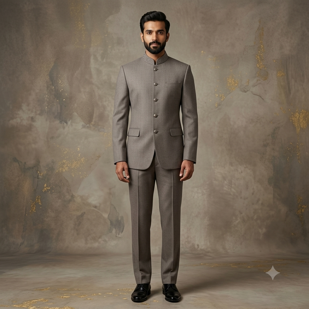 The Sand Tone Embroidered-Collar Tailored Jodhpuri Suit