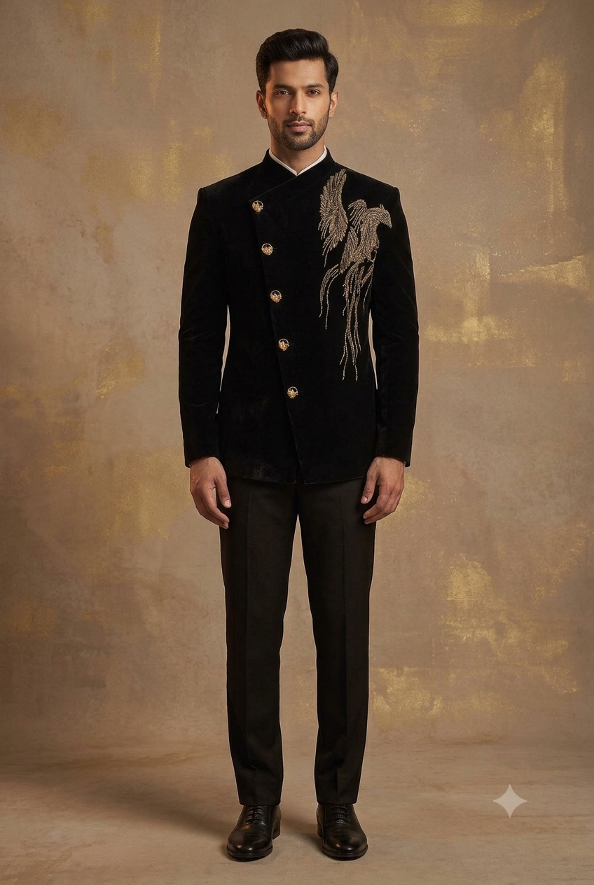 The Midnight Black Phoenix Embroidered Velvet Jodhpuri Suit