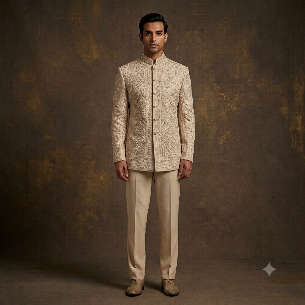 Title: The Champagne All-Over Hand-Embroidered Jodhpuri Suit