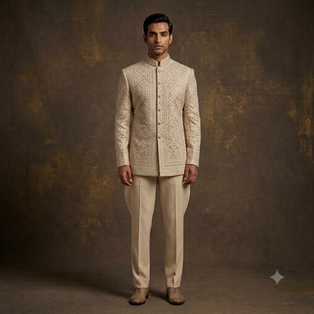 Title: The Champagne All-Over Hand-Embroidered Jodhpuri Suit