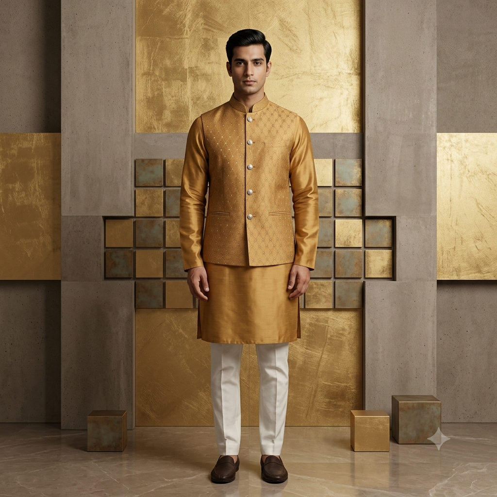 The Royal Antique Gold Geometric Silk Nehru Jacket Set