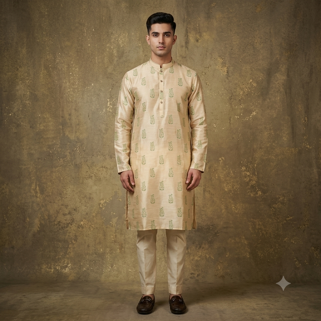 The Imperial Navy & Gold Booti Printed Silk Kurta Set