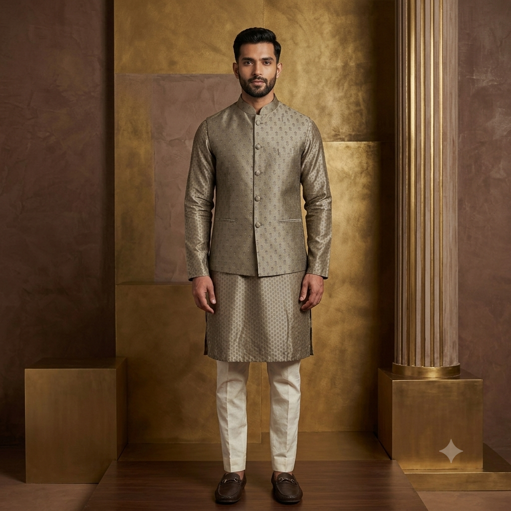 Earthy Olive Silk Jodhpuri Jacket with Block Printed Kurta Set