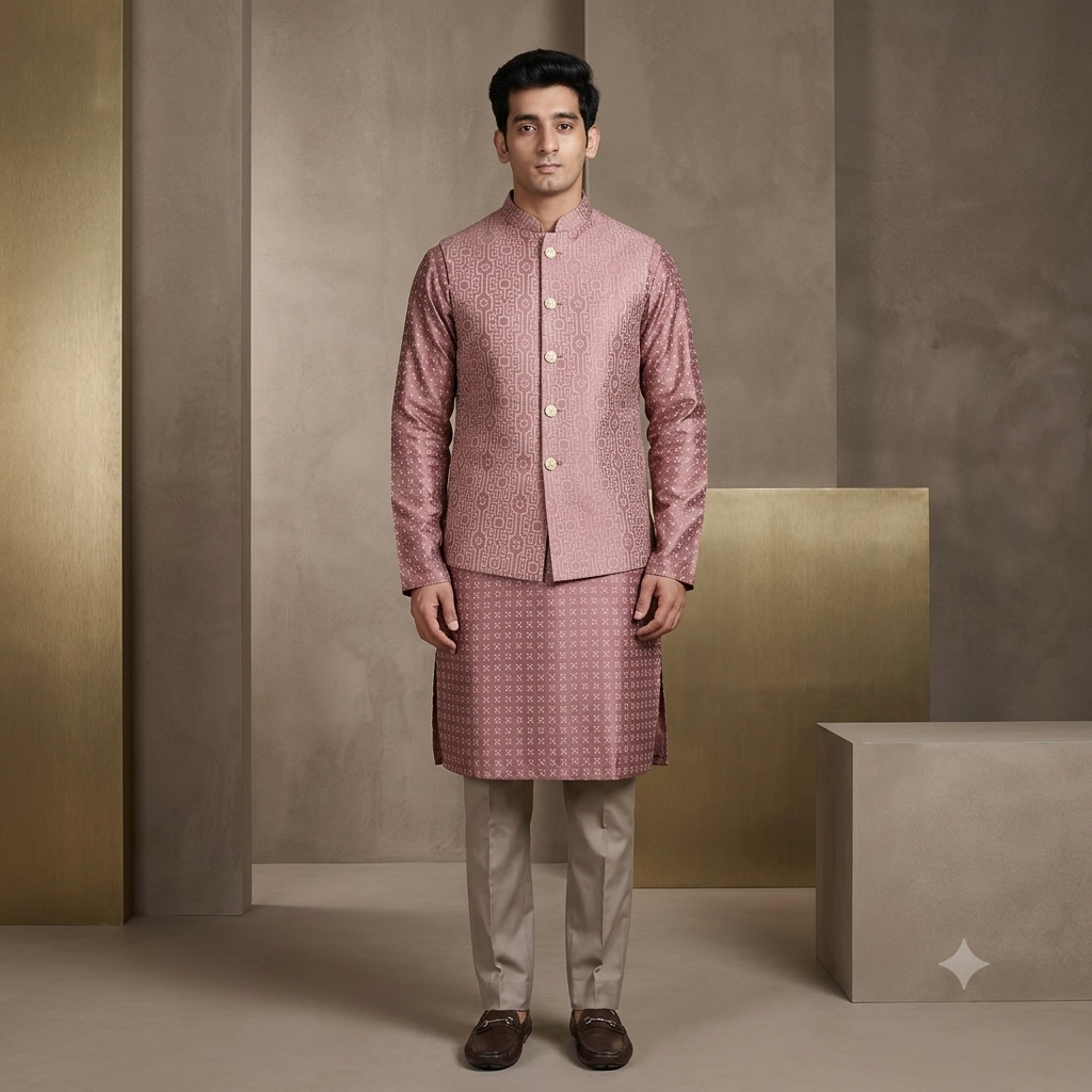 The Ultra rich Dusty Onion color Geometric Lattice Silk Jodhpuri Jacket Set