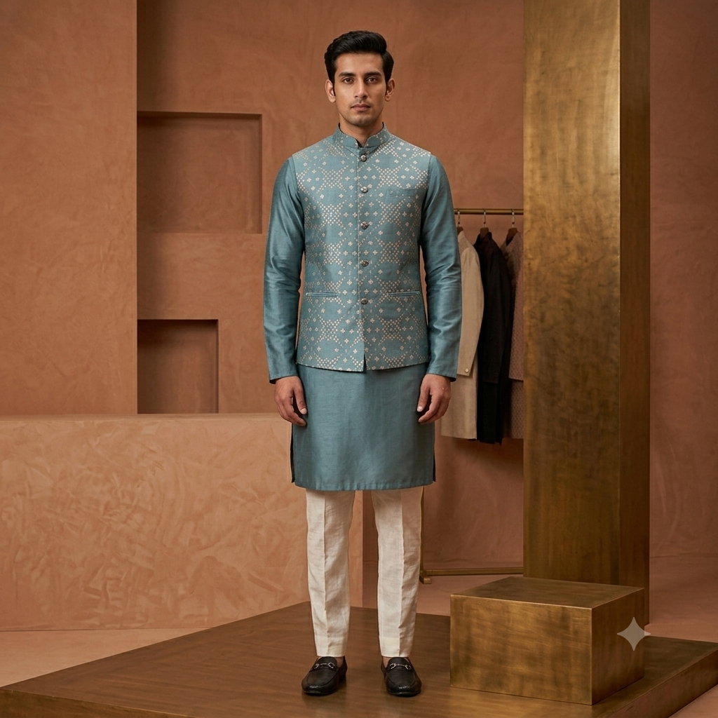 Metallic Sage Green Gold-Printed Silk Jodhpuri Waistcoat with Tonal Kurta Set