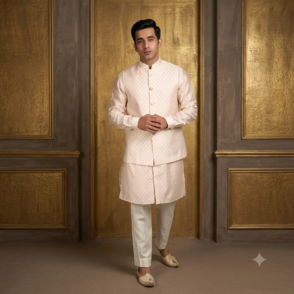 The Royal Cream & Blush Peach Print Silk Jodhpuri Jacket Set