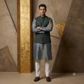 The Imperial Forest Green Block-Printed Cotton Jacket & Slate Silk Kurta Set