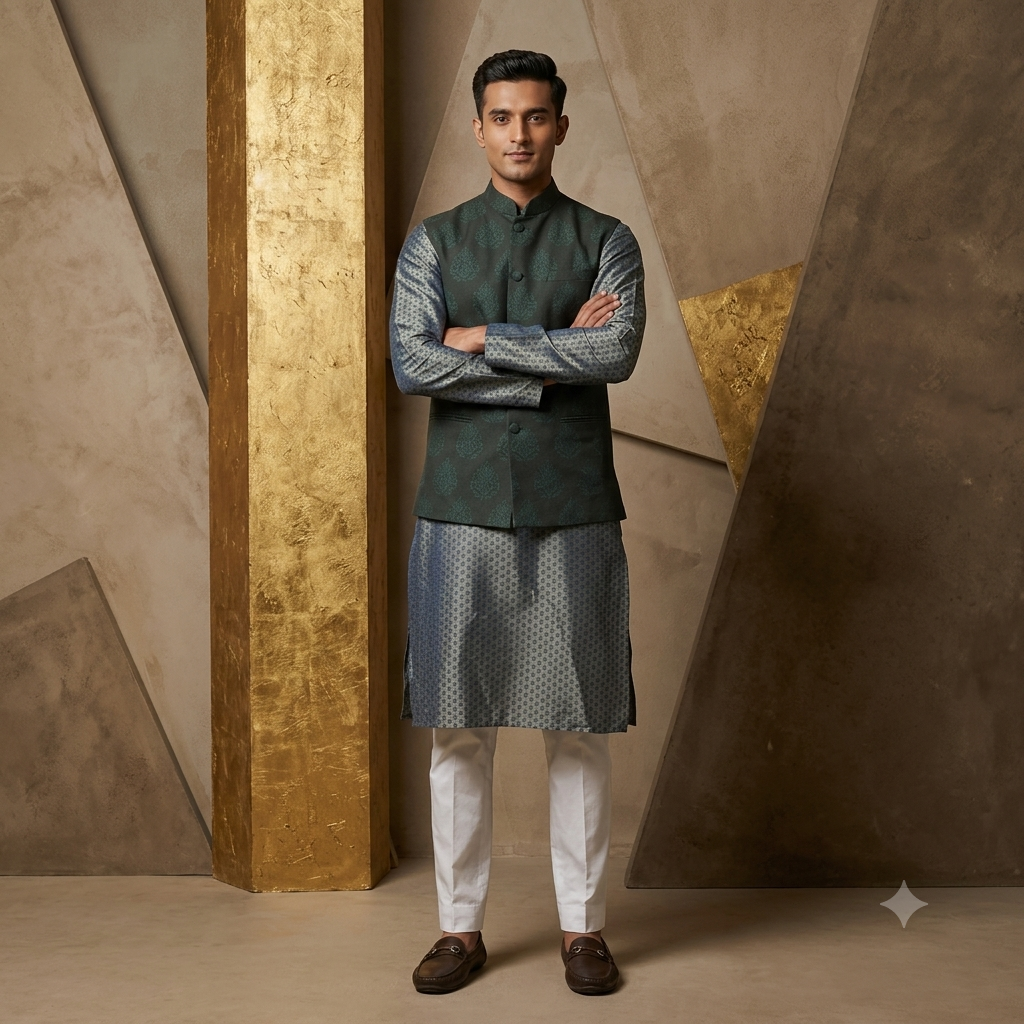 The Imperial Forest Green Block-Printed Cotton Jacket & Slate Silk Kurta Set
