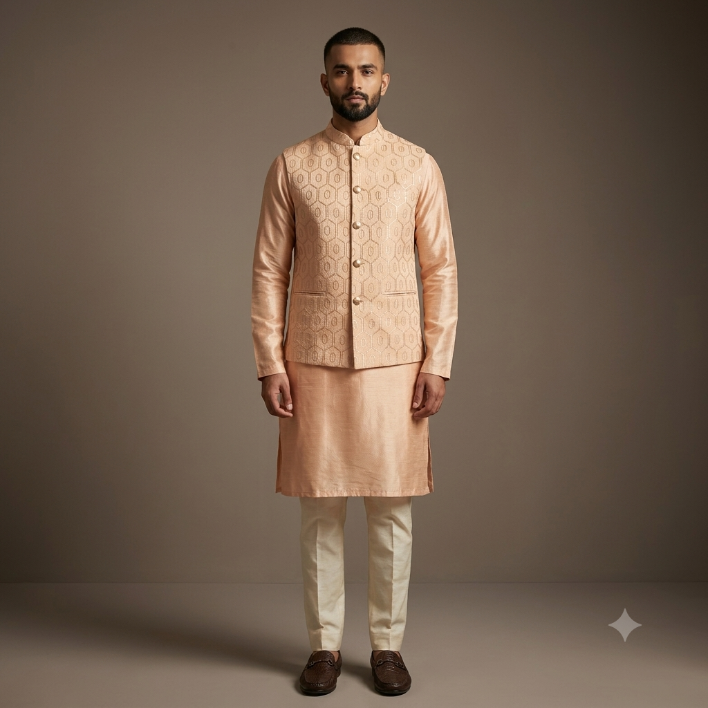 The Royal Peach Geometric Sequin Bundi & Silk Kurta Set