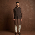 Chestnut Brown Corduroy Block-Printed Waistcoat with Self-Striped Cotton Kurta Set