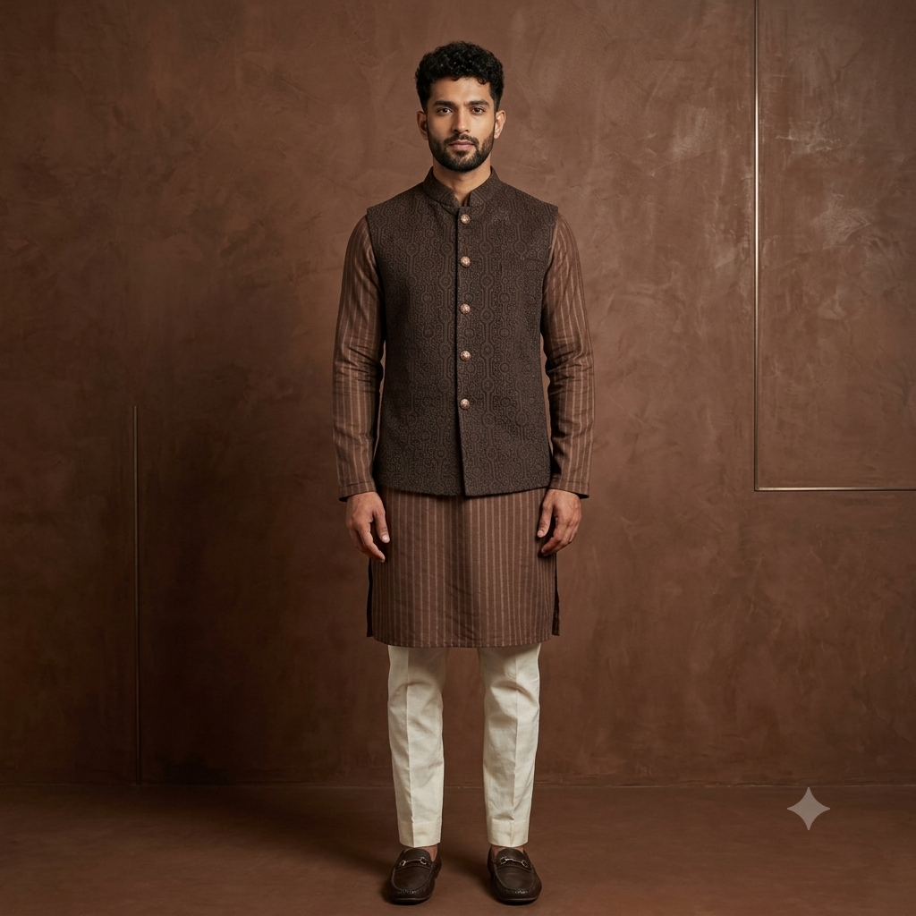 Chestnut Brown Corduroy Block-Printed Waistcoat with Self-Striped Cotton Kurta Set