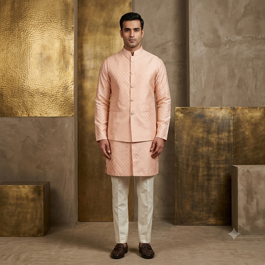 Powder Peach Blended Silk-Brocade Jacket with Lattice Printed Kurta Set