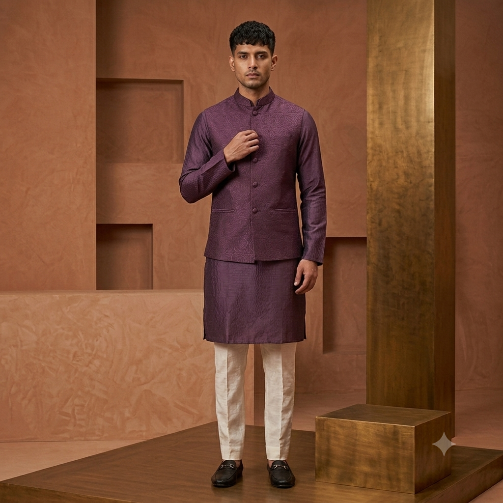 The Royal Aubergine Block-Printed Silk Jodhpuri Set