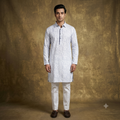 The Porcelain White & Slate Blue Paisley Shirt-Collar Kurta Set