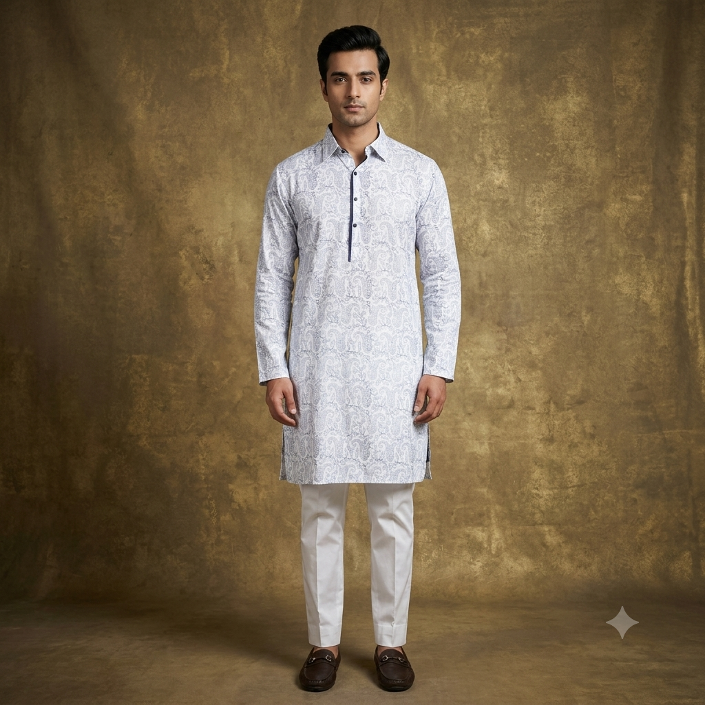 The Porcelain White & Slate Blue Paisley Shirt-Collar Kurta Set
