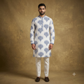 The Pristine White & Royal Blue Motif Cotton Satin Kurta Set