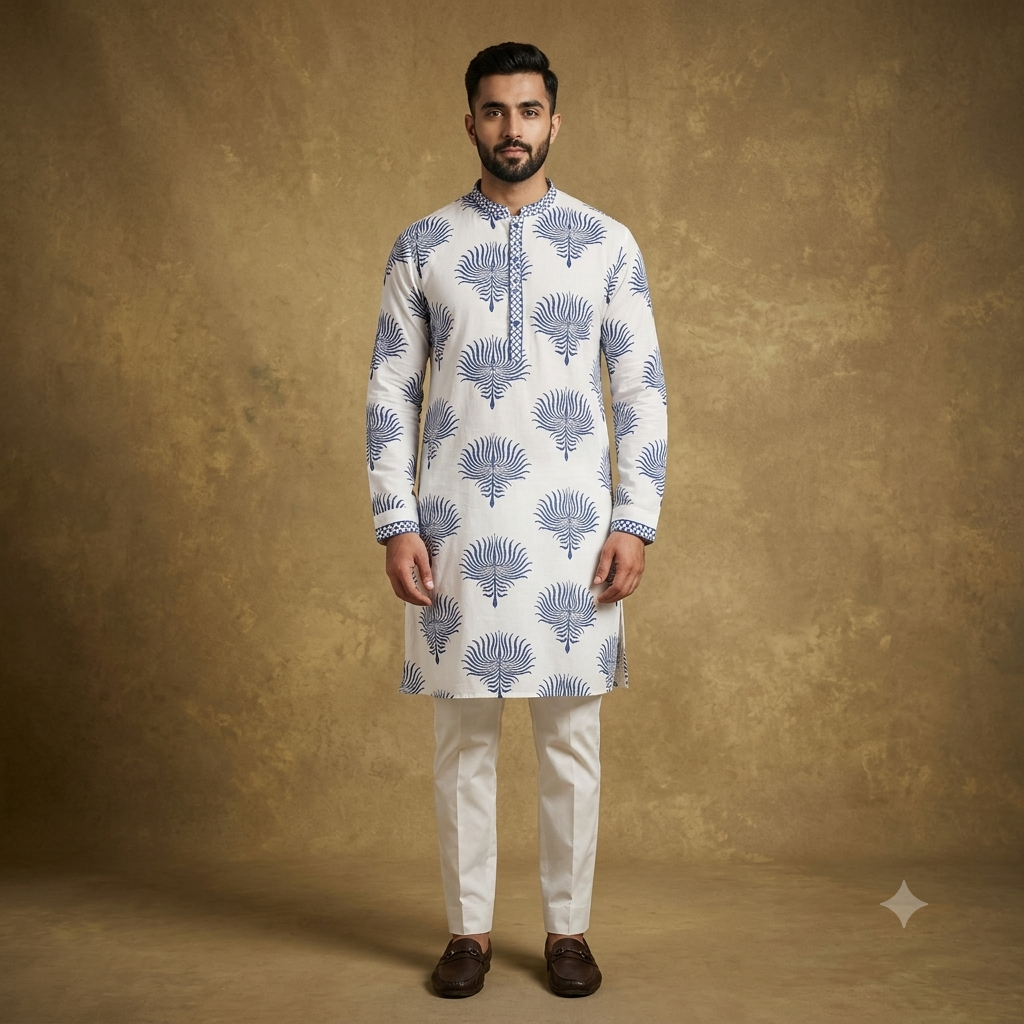 The Pristine White & Royal Blue Motif Cotton Satin Kurta Set