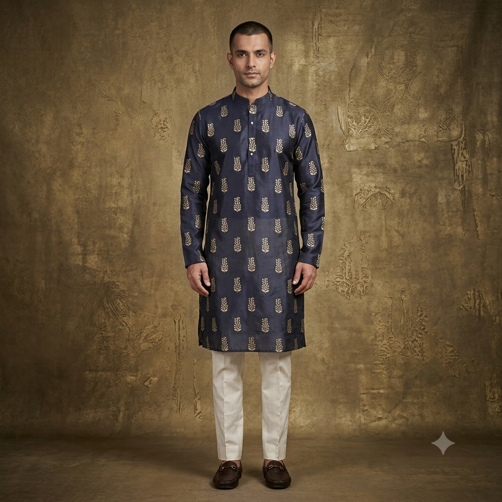 The Imperial Navy & Gold Booti Printed Silk Kurta Set