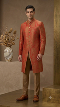 The Crimson & Gold Paisley Woven Silk Brocade Shervani