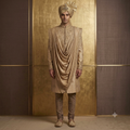 Rustic Gold Embroidered Sherwani with Draped Stole
