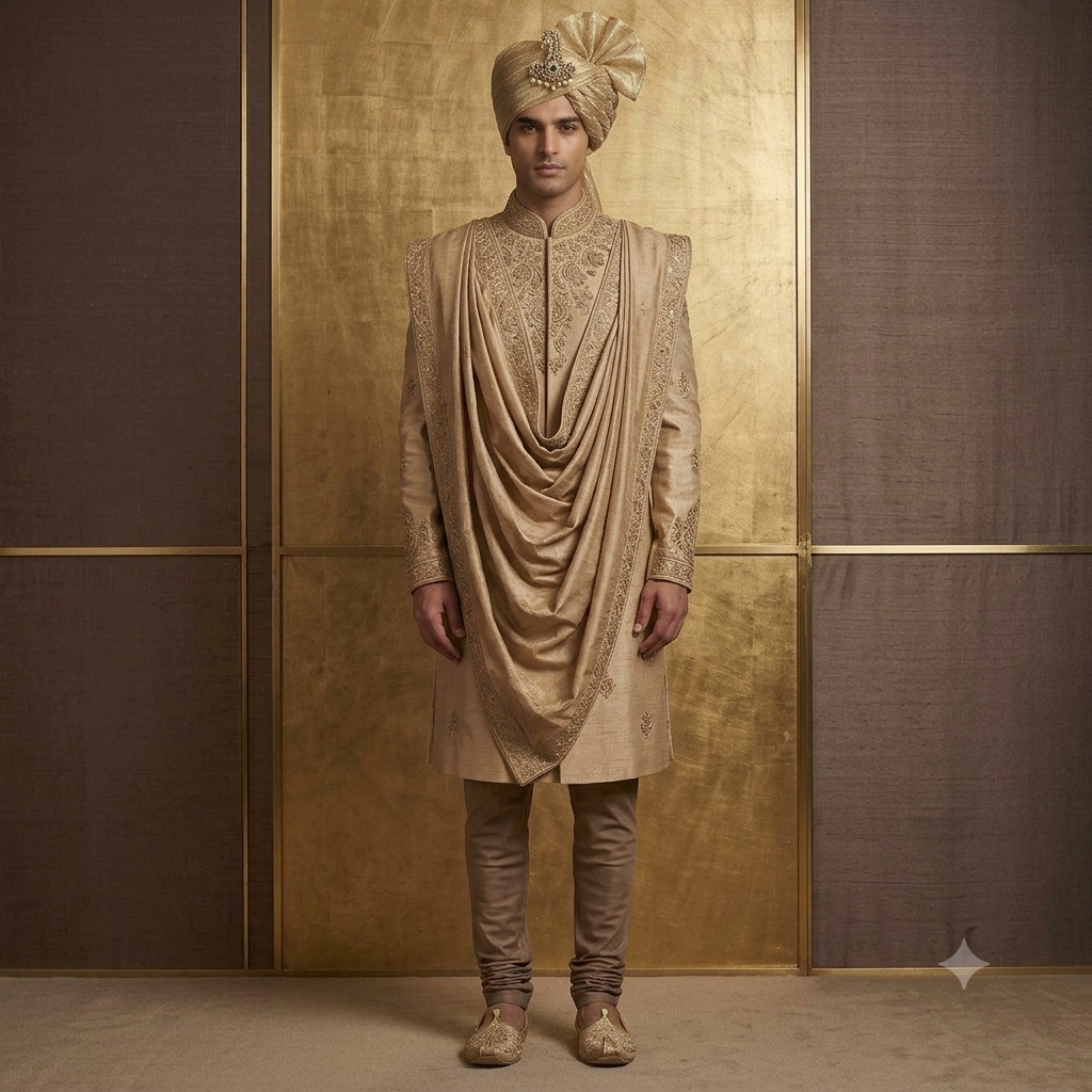 Rustic Gold Embroidered Sherwani with Draped Stole