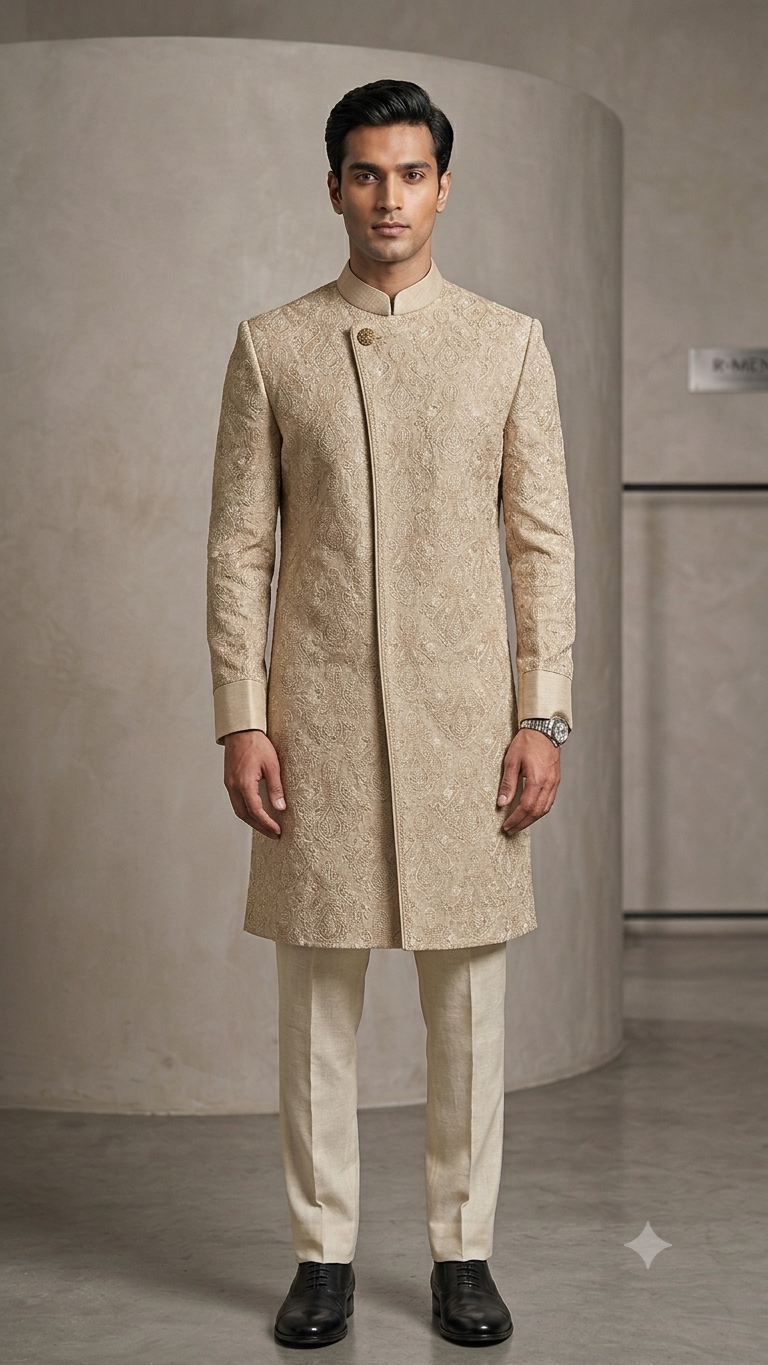The Imperial Champagne All-Over Textured Overlap Shervani