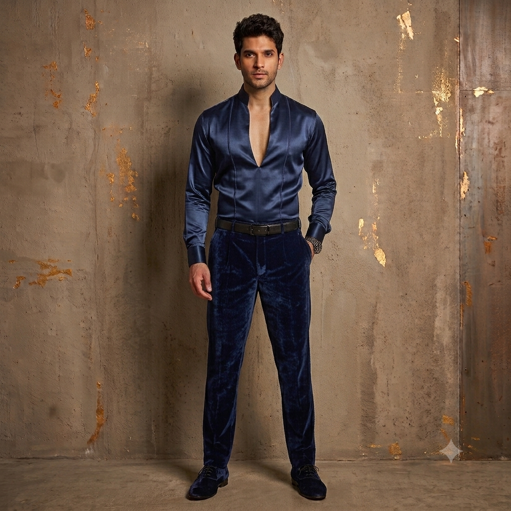 The Midnight Blue Satin Plunge Shirt