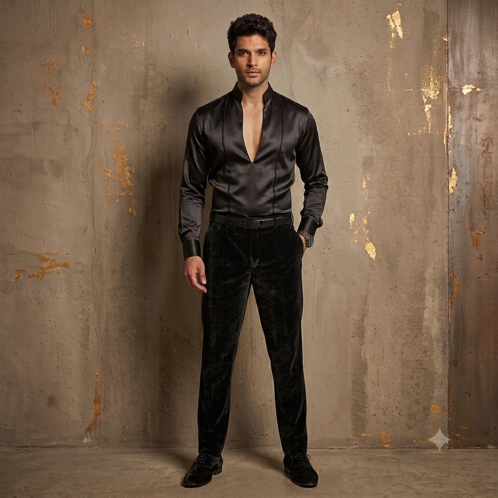 The Midnight Blue Satin Plunge Shirt