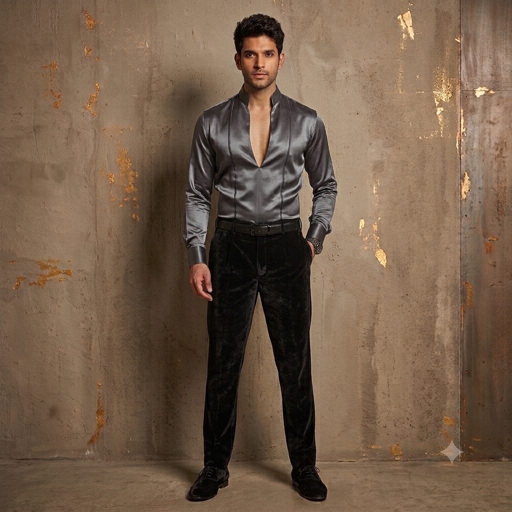 The Midnight Blue Satin Plunge Shirt