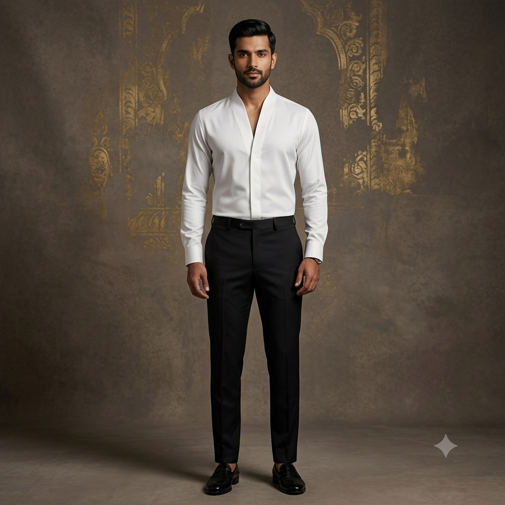 The Ivory V-Neck Stand Collar Cotton Shirt