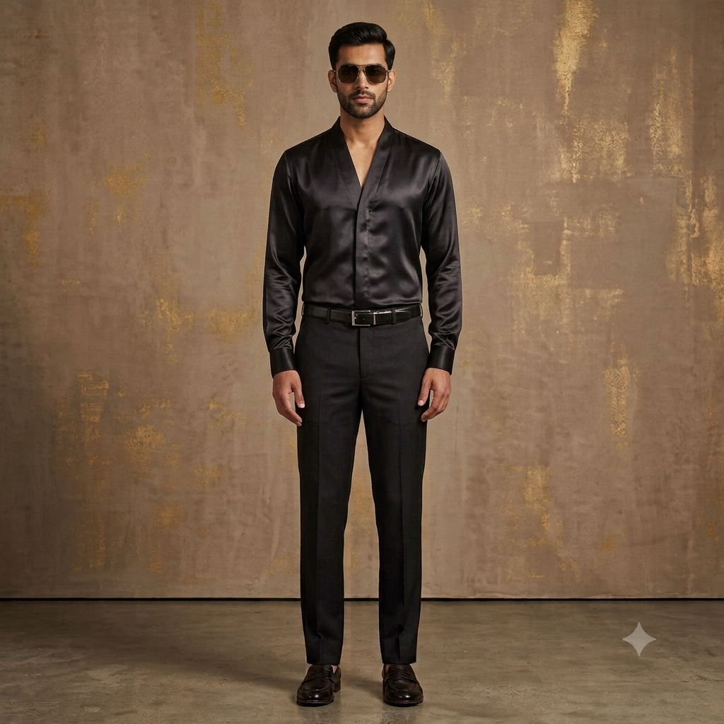 The Onyx Satin V-Neck Stand Collar Shirt