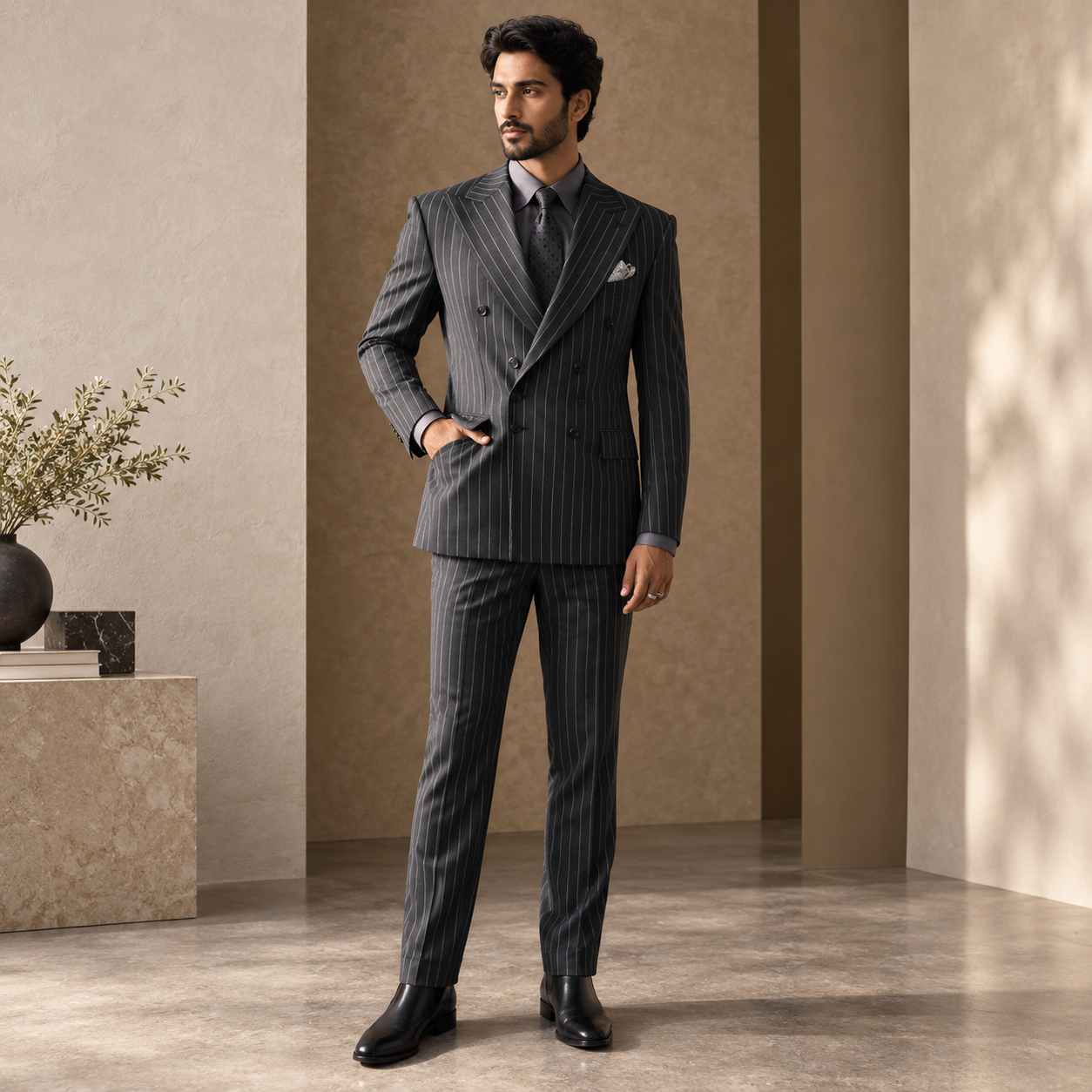 Suit Double Breasted Charcoal Grey Stripes