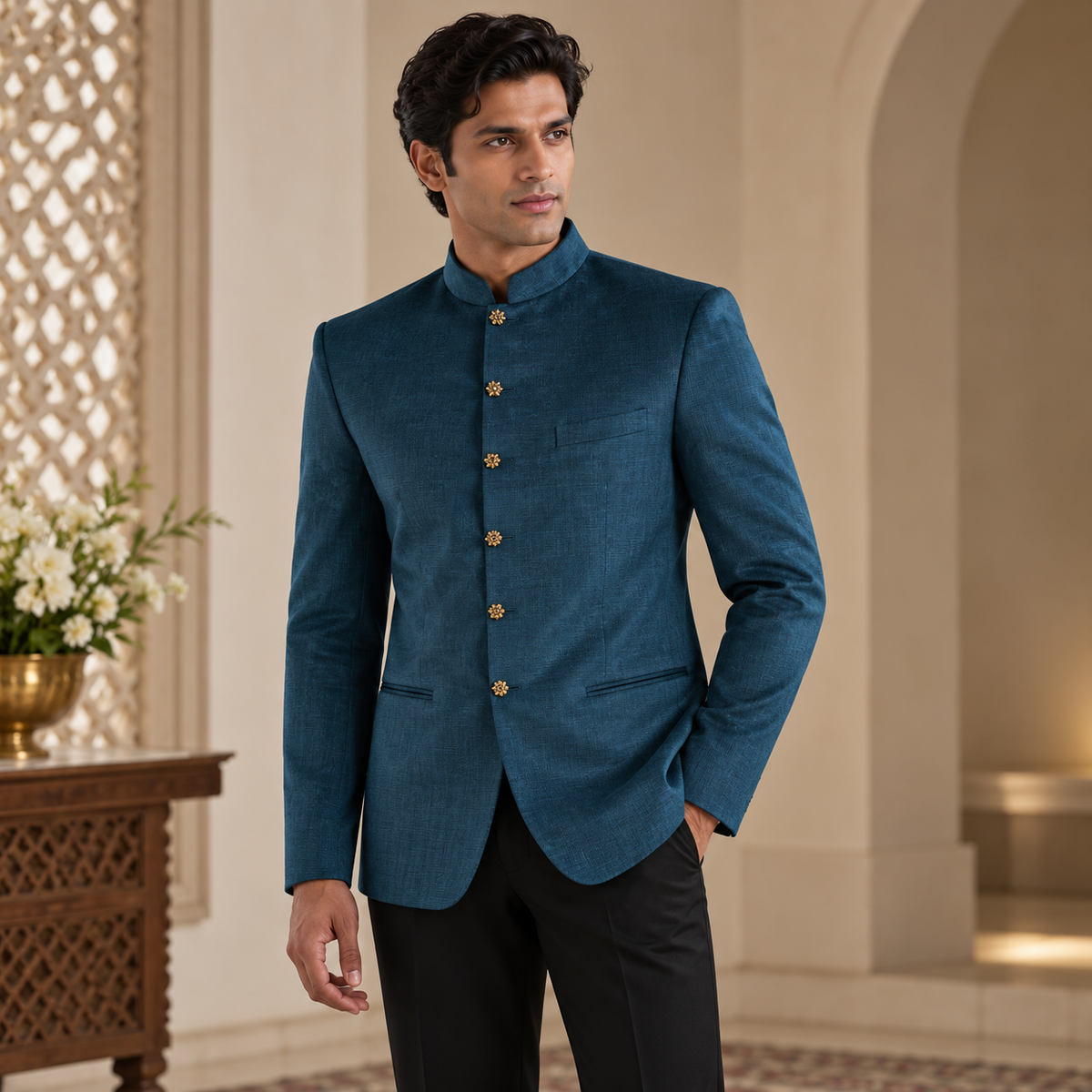 Velvet Jodhpuri Teal color with fancy button and a Black Trouser.