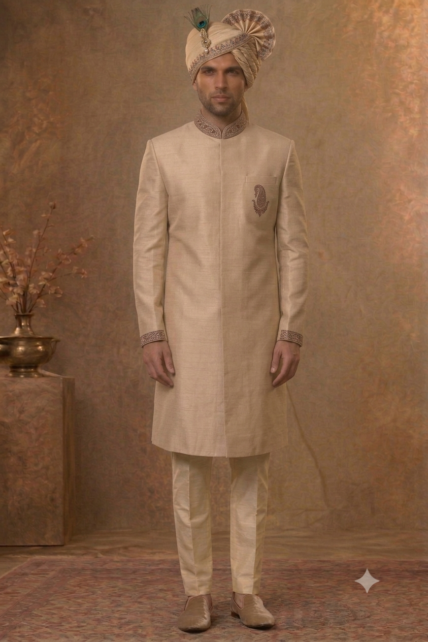The Beige Gilded Paisley Shervani Ensemble