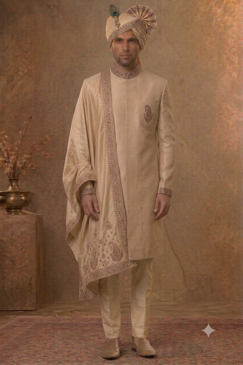 The Beige Gilded Paisley Shervani Ensemble