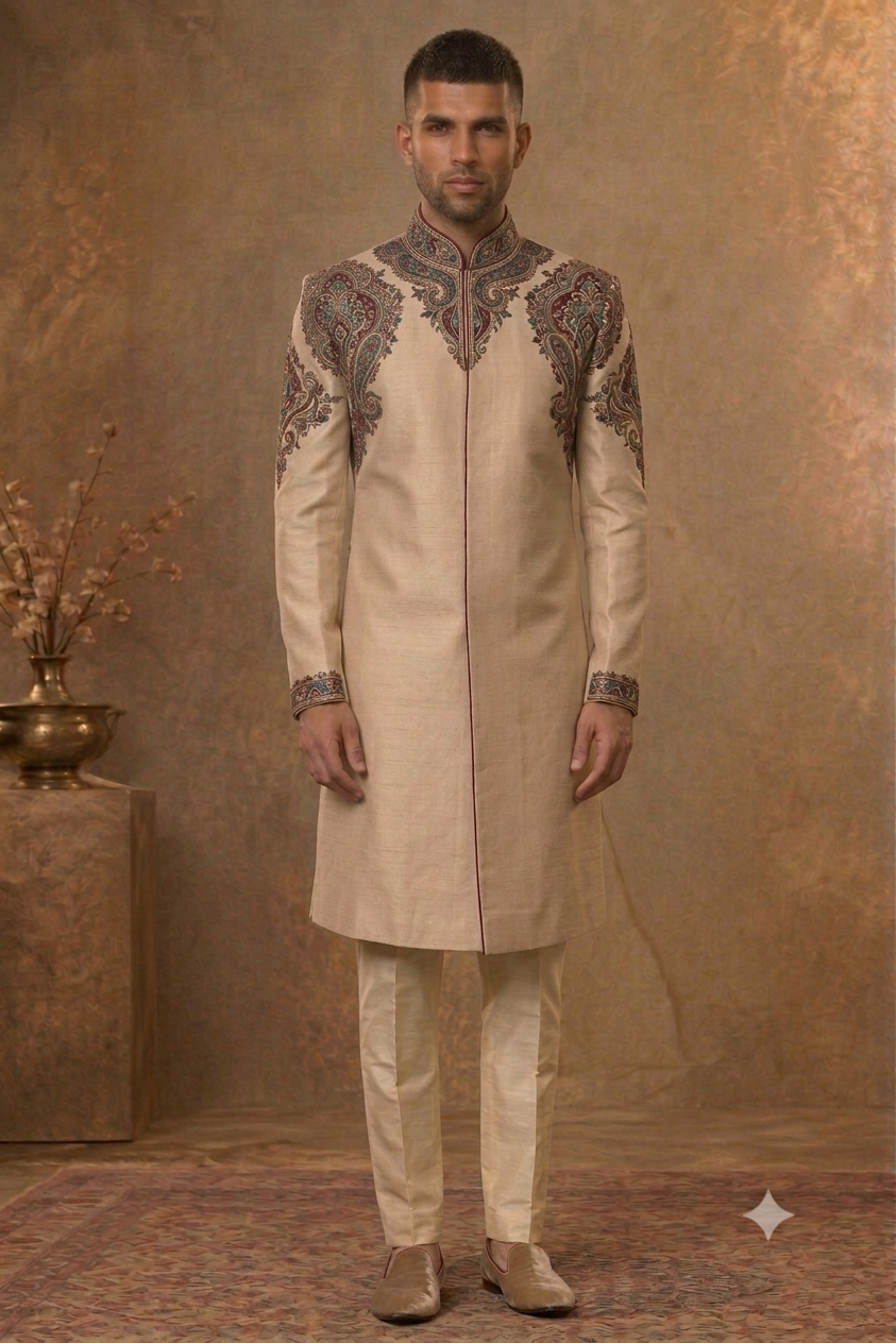 The Champagne Paisley Heritage Shervani and Dupatta