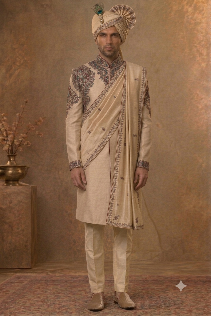 The Champagne Paisley Heritage Shervani and Dupatta