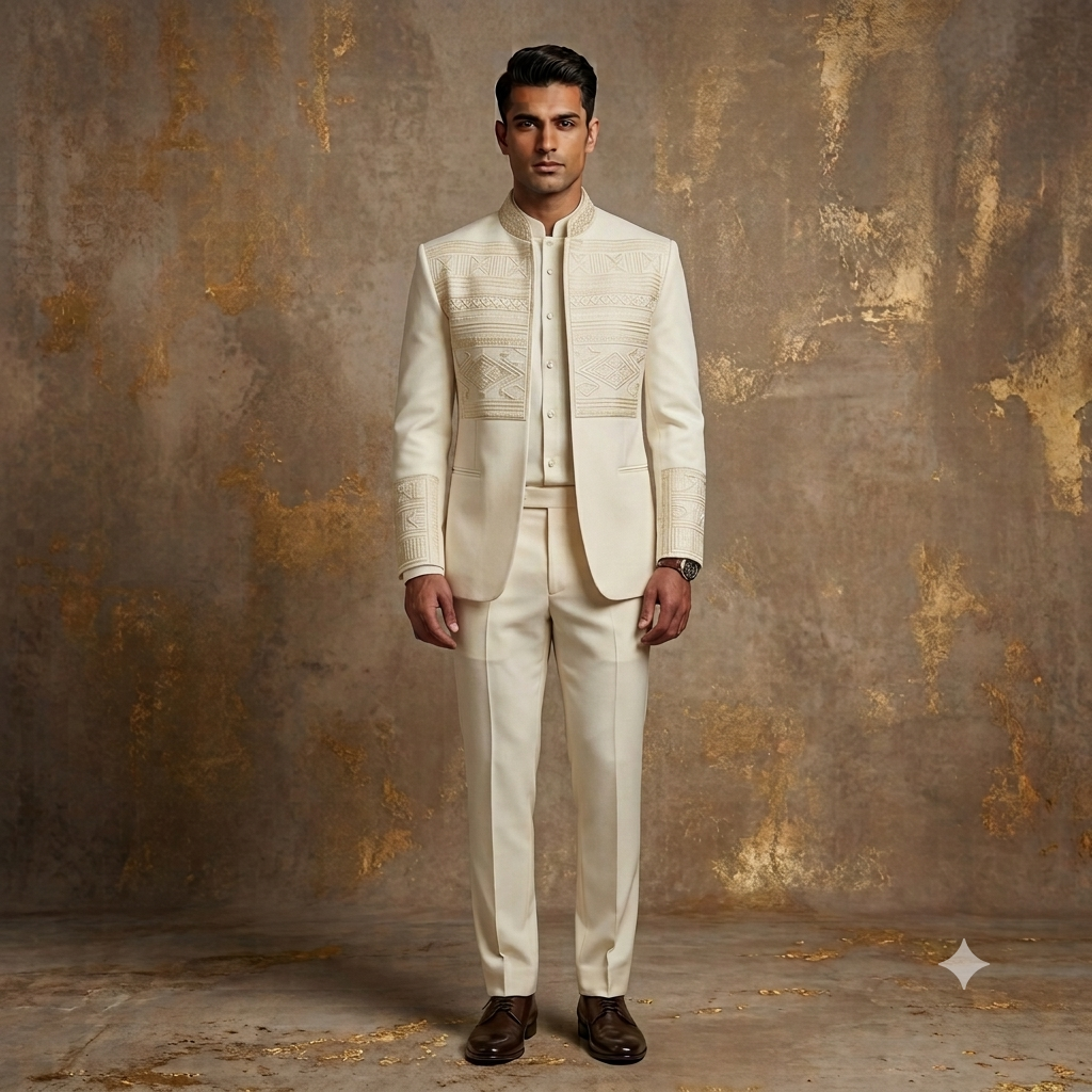 The Ivory Open Jodhpuri Suit with Silk Thread Aari Hand-Embroidery