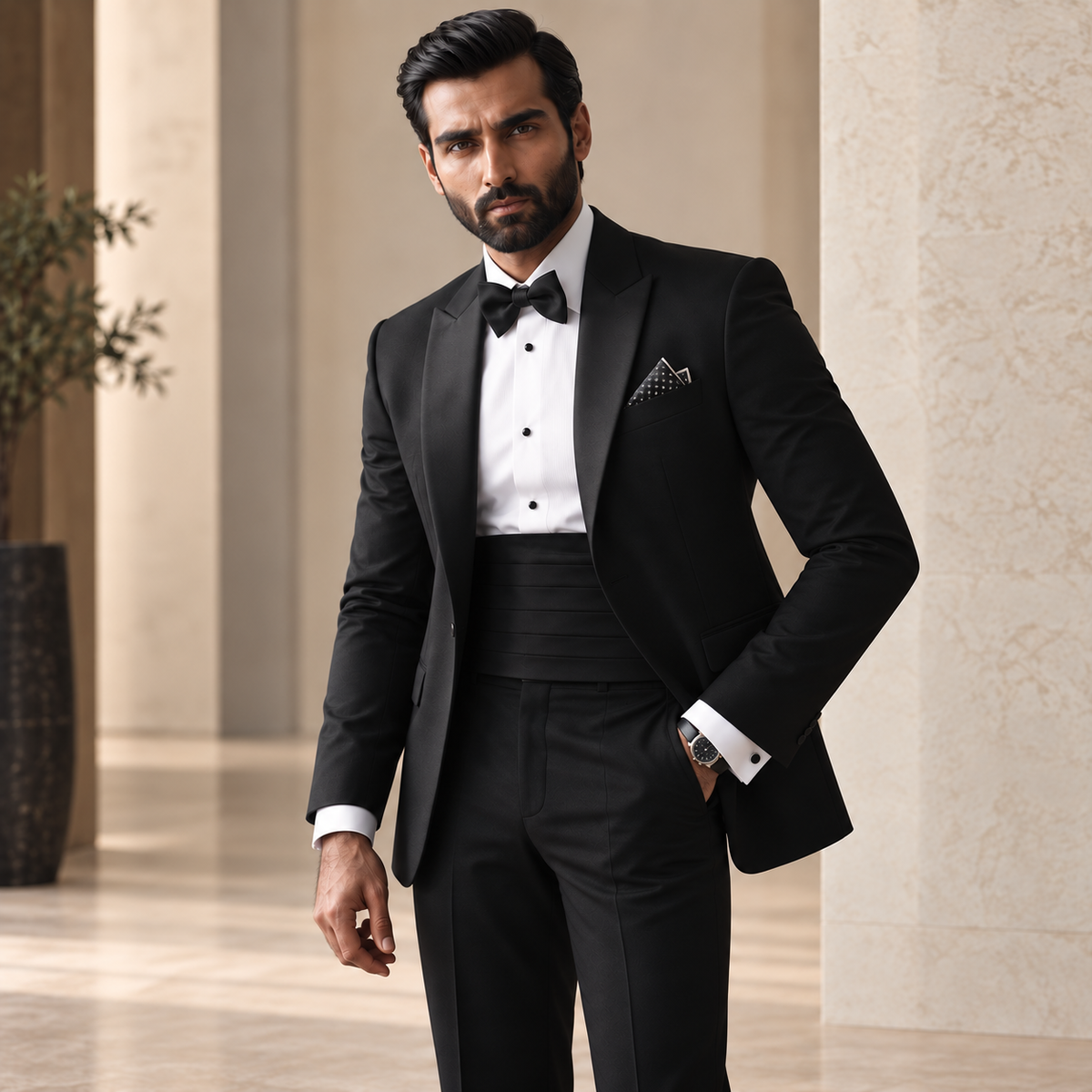 Tuxedo Suit Black Wool with Cummerbund Shirt and Bow-Tie