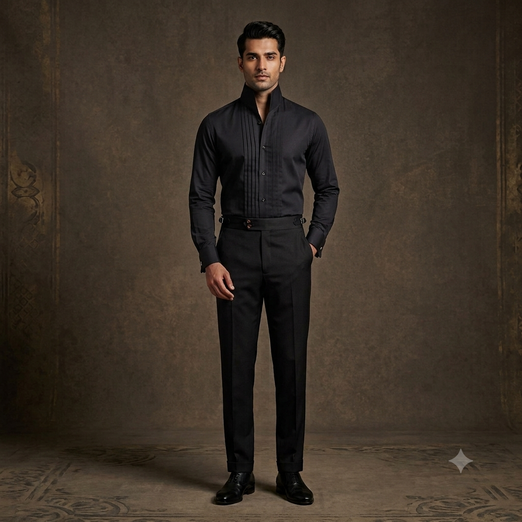 The Obsidian High Collar Broad Pleated Tuxedo Shirt
