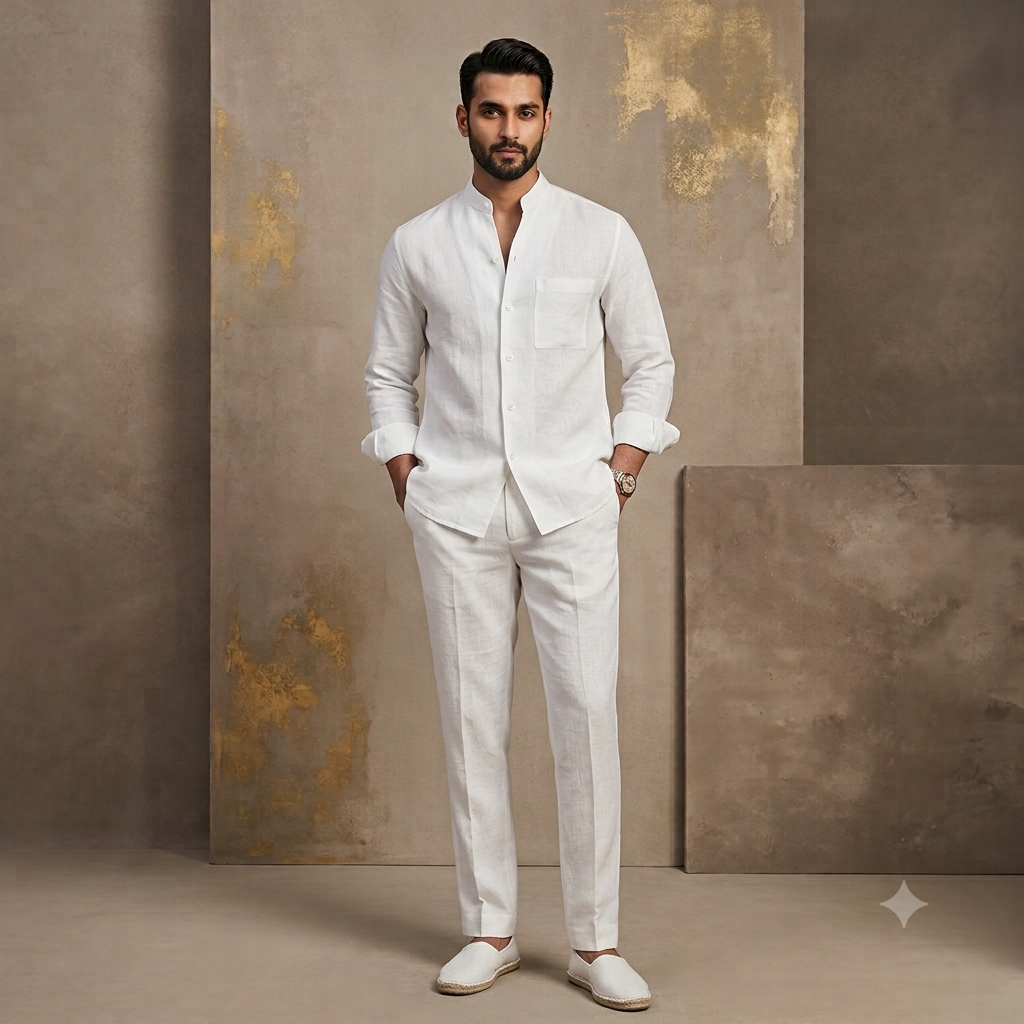 The Pristine White V-Neck Mandarin Linen Shirt