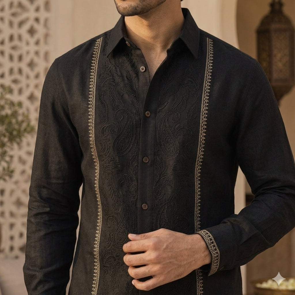 Black Formal Linen Shirt with embroidery