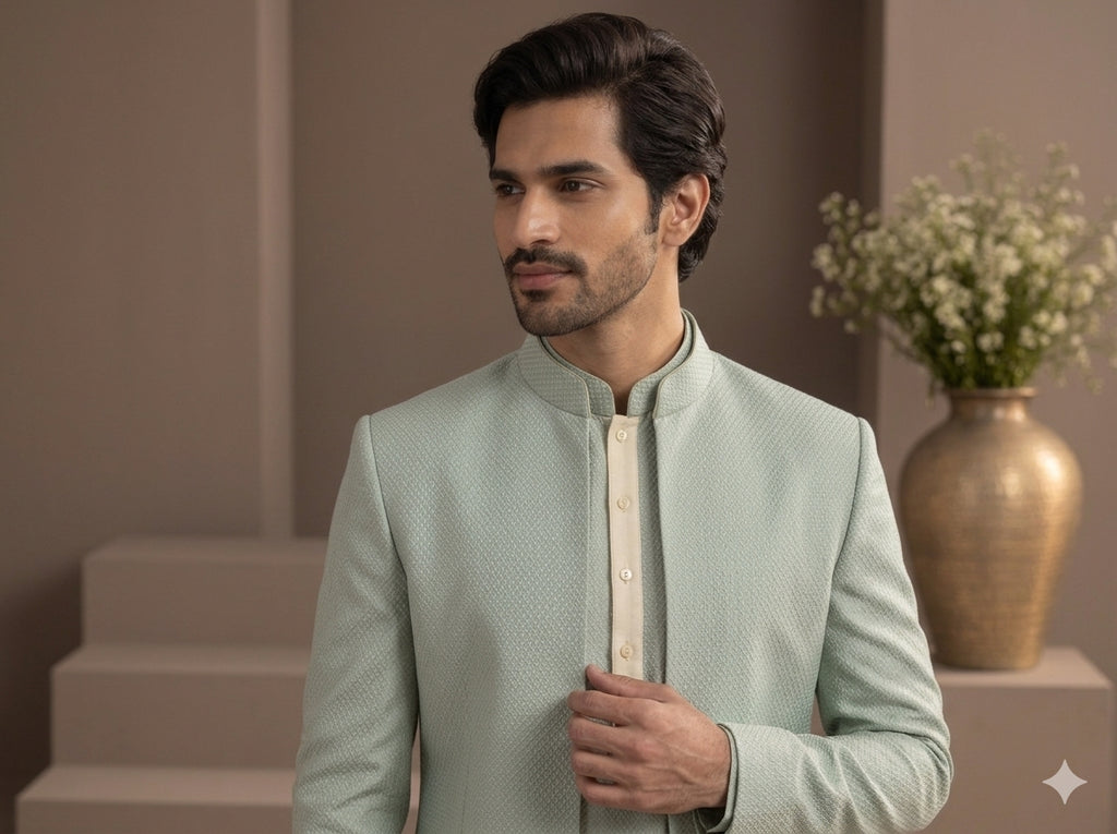 Formal Indo-western set in Mint Sage Colour