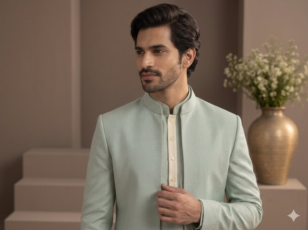 Formal Indo-western set in Mint Sage Colour